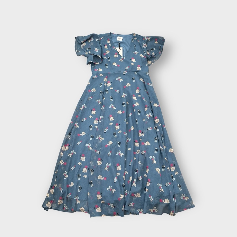 The Nines by Hatch Blue Floral Midi Dress with Flutter Sleeves - Boho Bohemian